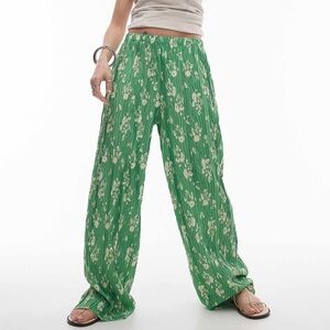 Topshop floral crinkle plisse wide leg pants in green